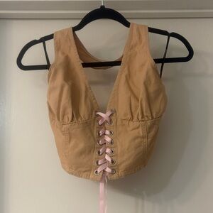 Forever 21 Tan Crop Tank with Pink Lace-Up Front
